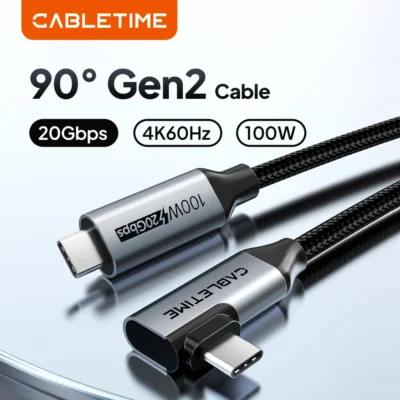 Cabletime usb c para usb c cabo usb 3.2 gen 2 20gbps 90 graus pd 100w 4k 60hz vídeo carregamento rápido para iphone 16 macbook pro ipad