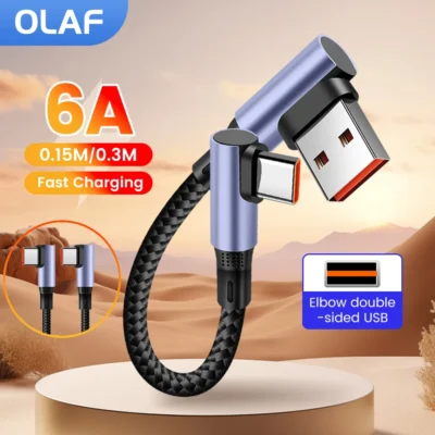 Olaf 6A 15CM 30CM Cabo Curto Carregamento Rápido 90 ° Cabo cotovelo USB A para tipo C para banco de potência USB C para cabo USB C para iPhone 15 16