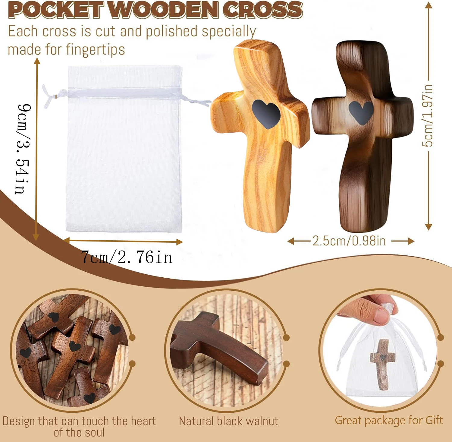 20-100 Peças Cruz de Madeira Fidget com Sacos de Organza, Cruz de Oração para Mão, Cruzes de Madeira Artesanais de Bolso, Presente Cristão de Encorajamento - Image 6