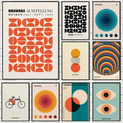 Abstrato laranja bauhaus cartaz geométrico pop art nascer do sol & bicicleta impressões de arte da parede para sala estar moderna dormitório decoração casa