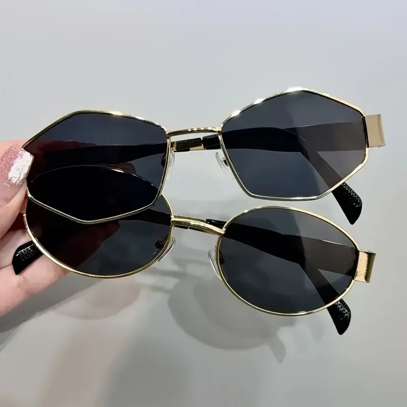 2 pares de óculos da moda femininos de verão, armação retrô dourada, combinação de óculos da moda, design de armação redonda poligonal - Image 3