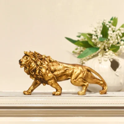 Estátua de leão dourado, escultura de animal de resina, ornamento de decoração de casa para quarto, sala de estar, estudo, decoração de mesa de escritório
