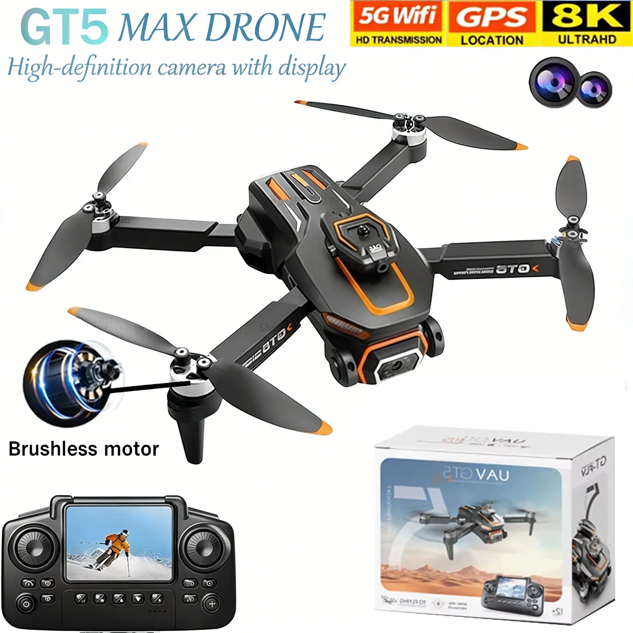 Drone GT5 8K HD com Fluxo Óptico e Lente Dupla, Câmera Grande Angular, Quadricóptero Dobrável, WiFi, Brinquedo de Controle Remoto para Crianças, Presente Infantil