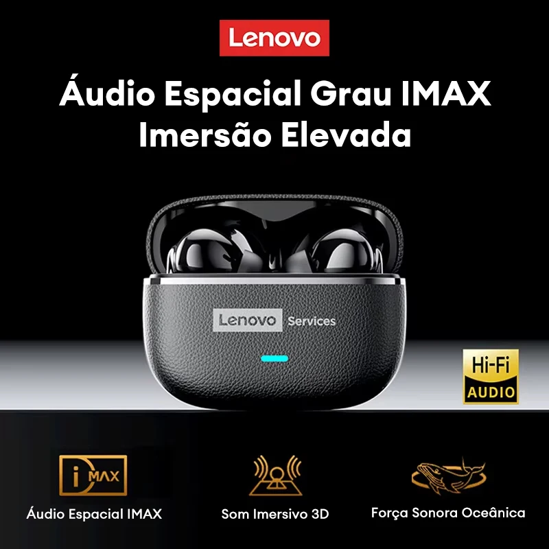 Fones de Ouvido Sem Fio Lenovo LE208 com Cancelamento de Ruído ENC, Microfone, Bluetooth V6.0, Som HIFI, Chamada HD com Microfone