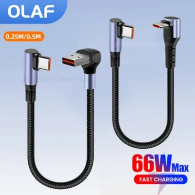 66w 90 graus cotovelo curto usb a/usb c para tipo c cabo de dados de carregamento rápido para iphone 16 15 power bank 0.15/0.25/0.5m cabo usb c