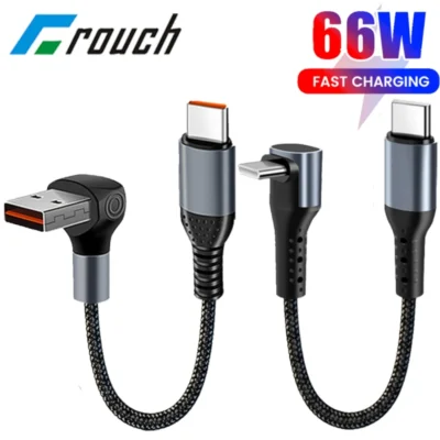Crouch cabo curto de 90 graus usb tipo c para tipo c 6a 66w carga rápida 25cm 50cm banco de potência cabo usb c para iphone huawei xiaomi