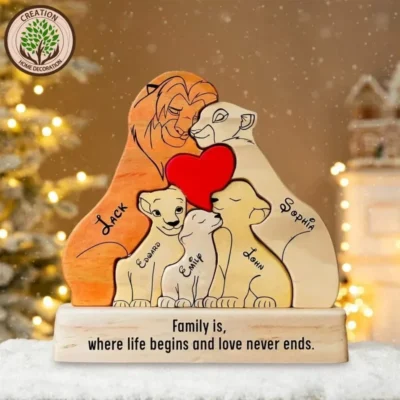 Quebra-cabeça de família de arte personalizada, nome personalizado grátis, leão de madeira, decoração de casa, presentes para família, presentes quentes, lembrança de aniversário