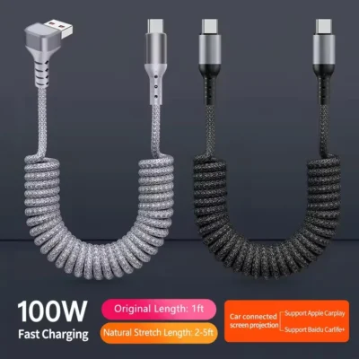 Cabo de carregador trançado enrolado USB C para tipo C de 90 graus, cabo de carregamento rápido retrátil para iPhone 17/16, Samsung Galaxy S25/S24
