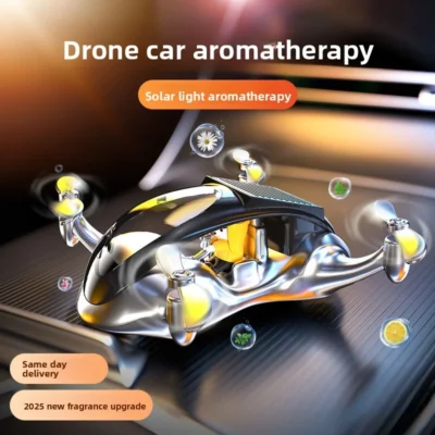 Aromatizador de carro criativo em formato de drone, movido a energia solar, decoração giratória para interior de carro, perfume para carro.