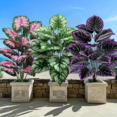 Conjunto de plantas verdes artificiais grandes, 3 peças, 60cm, decoração de jardim, 36 folhas, bonsai simulado, decoração em vaso, casa, sala, festa, casamento