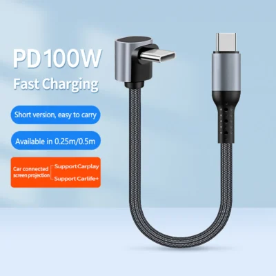 Cabo USB C para USB C Curto com Ângulo de 90 Graus, Portátil, Trançado em Nylon, Cabo de Carregamento Rápido Tipo C para iPhone, Samsung Galaxy S24