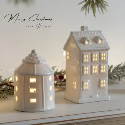 Casa de vila de cerâmica brilhante com luz led, estátua de porcelana, estatueta, festival, casa, decorações de mesa, ornamento de natal