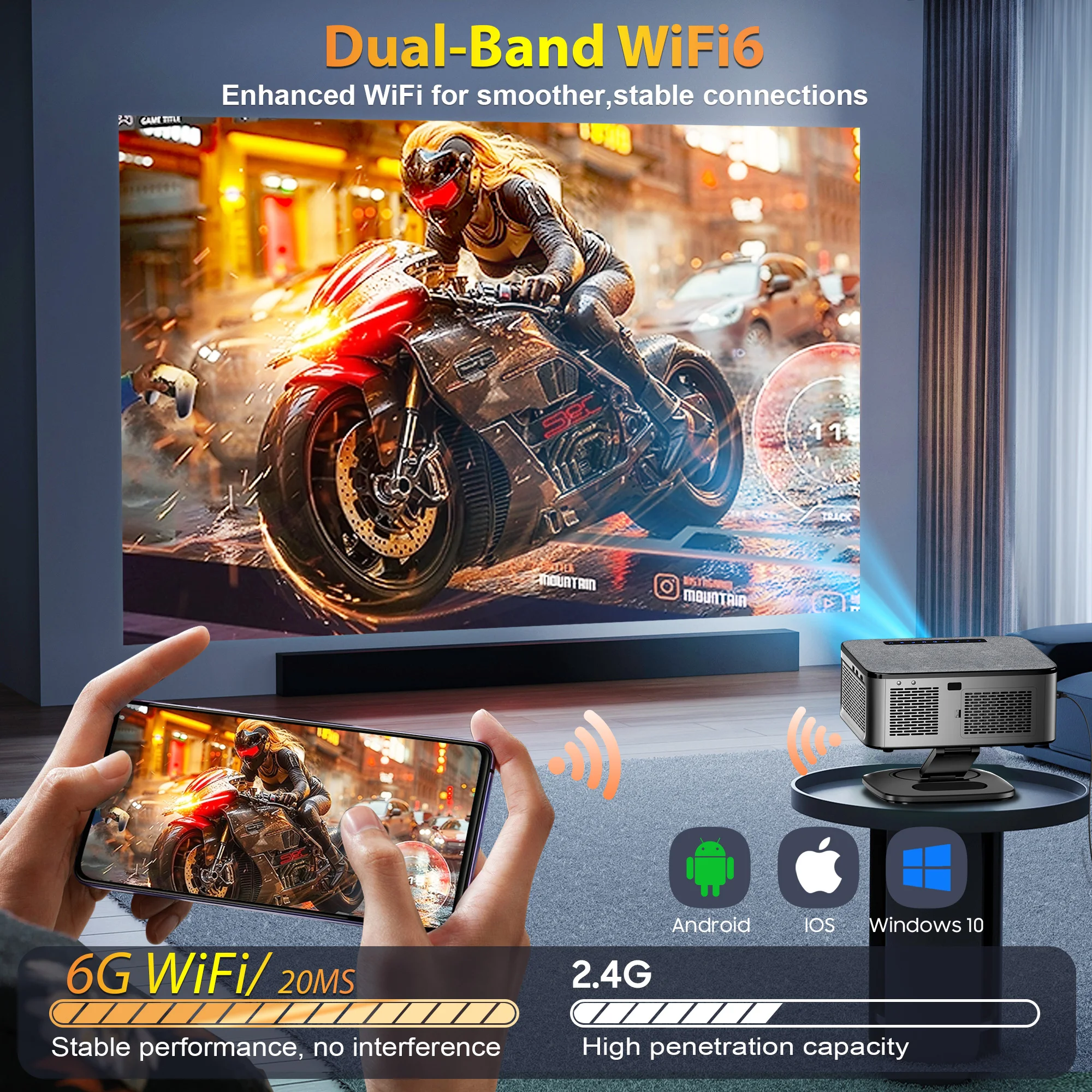 Projetor Externo 4K XIWBSY 2025 40000 Lumens com Foco Automático, Projetor Inteligente com Vídeo 8K, Home Theater, WiFi6, BT5.3, Projetor Portátil - Image 6
