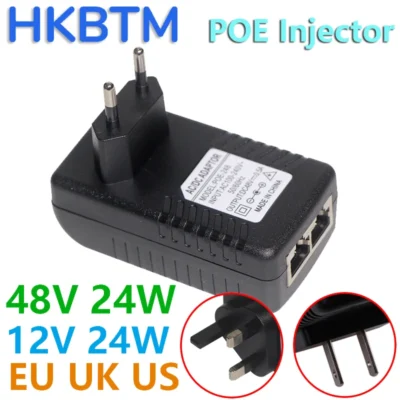 Hkbtm injetor poe 48v 24v 12v 24w ue eua reino unido au plug para câmera ip cctv fonte de alimentação adaptador ethernet telefone ap