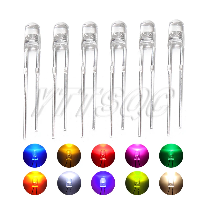 100 peças 3mm diodo led ultra brilhante branco quente vermelho verde azul roxo amarelo laranja rosa 2v 3v variedade de emissão multicolorida - Image 4