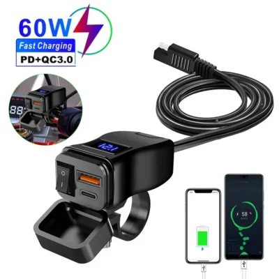 Carregador rápido usb para motocicleta pd qc3.0, 60w, guidão, tomada usb dupla com interruptor, voltímetro, à prova d'água, adaptador de fonte de alimentação 12v