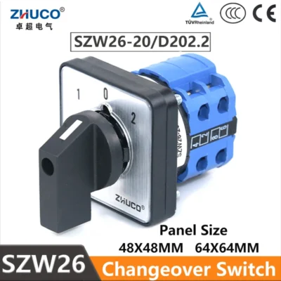 Chave Seletora de Cames ZHUCO SZW26/LW26-20 Ith 20A Ui 660V 2 Polos 8 Parafusos 3 Posições 64x64 48x48 MM para Painel ON OFF ON