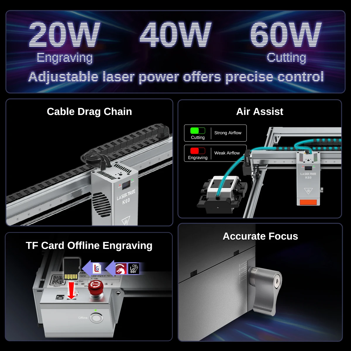 LASER TREE K1MAX Laser Engraver with 60W Laser Module Adjustable 20W 40W Power Module Engraving Cutting Machine Woodworking Tool - Image 2