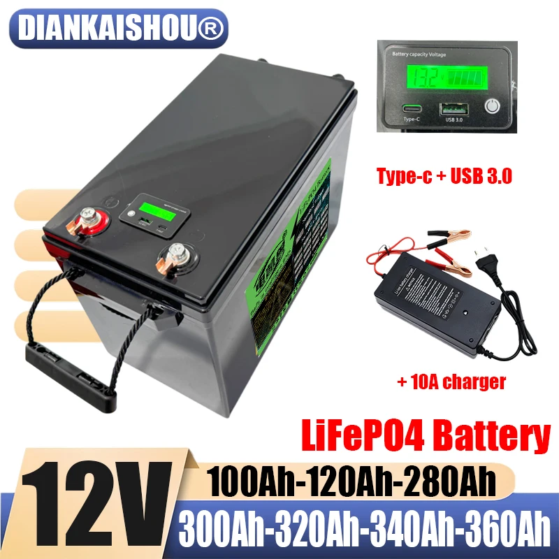 Grade A 340Ah 12V 360Ah 100Ah 120Ah 280Ah 300Ah 320Ah LiFePo4 Battery Built-in BMS For Outdoor Camping Golf Cart Solar Storage