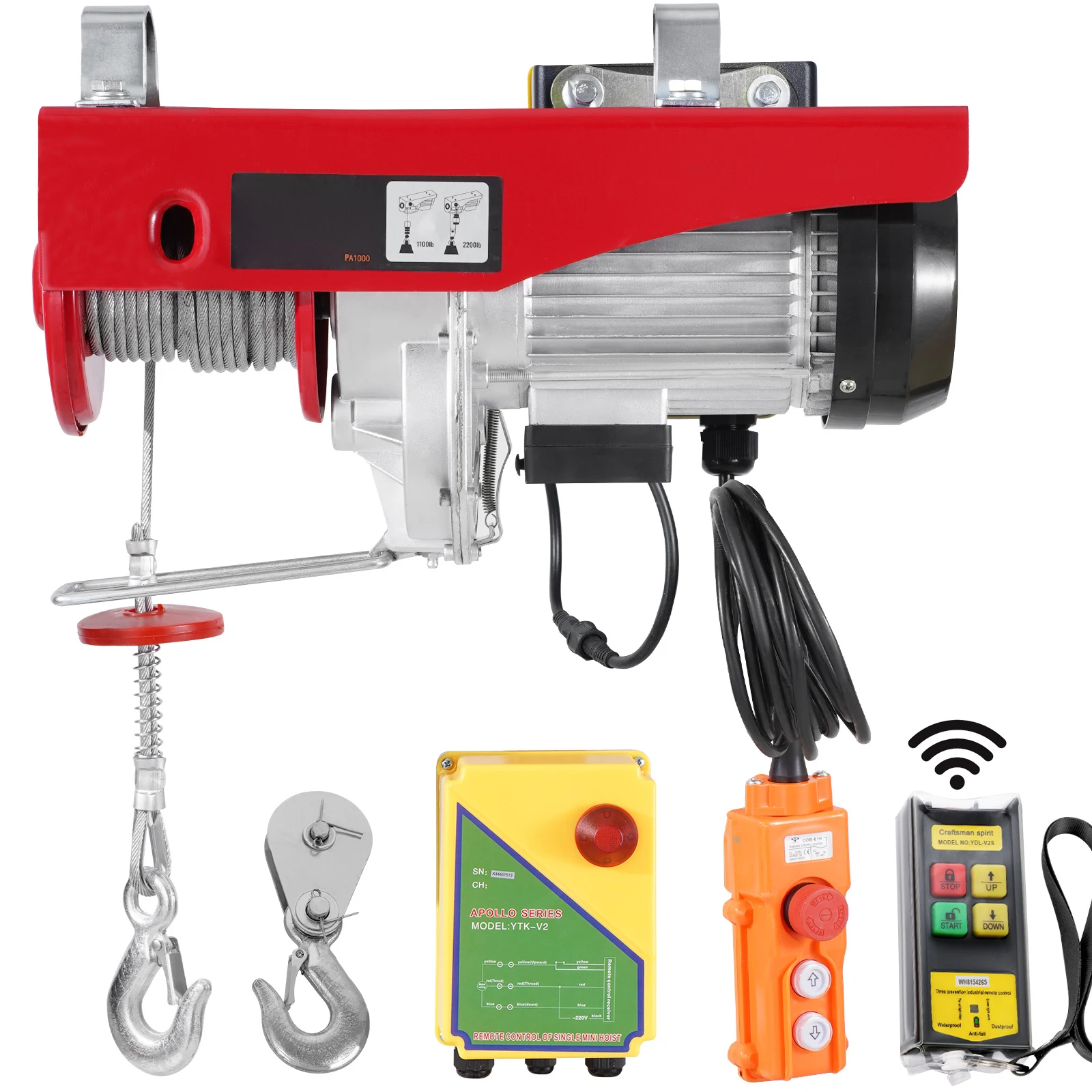 SucceBuy Polipasto eléctrico de 2200 libras, grúa elevadora de eslingas individuales/dobles con cabrestante eléctrico de Control inalámbrico/con cable para garaje