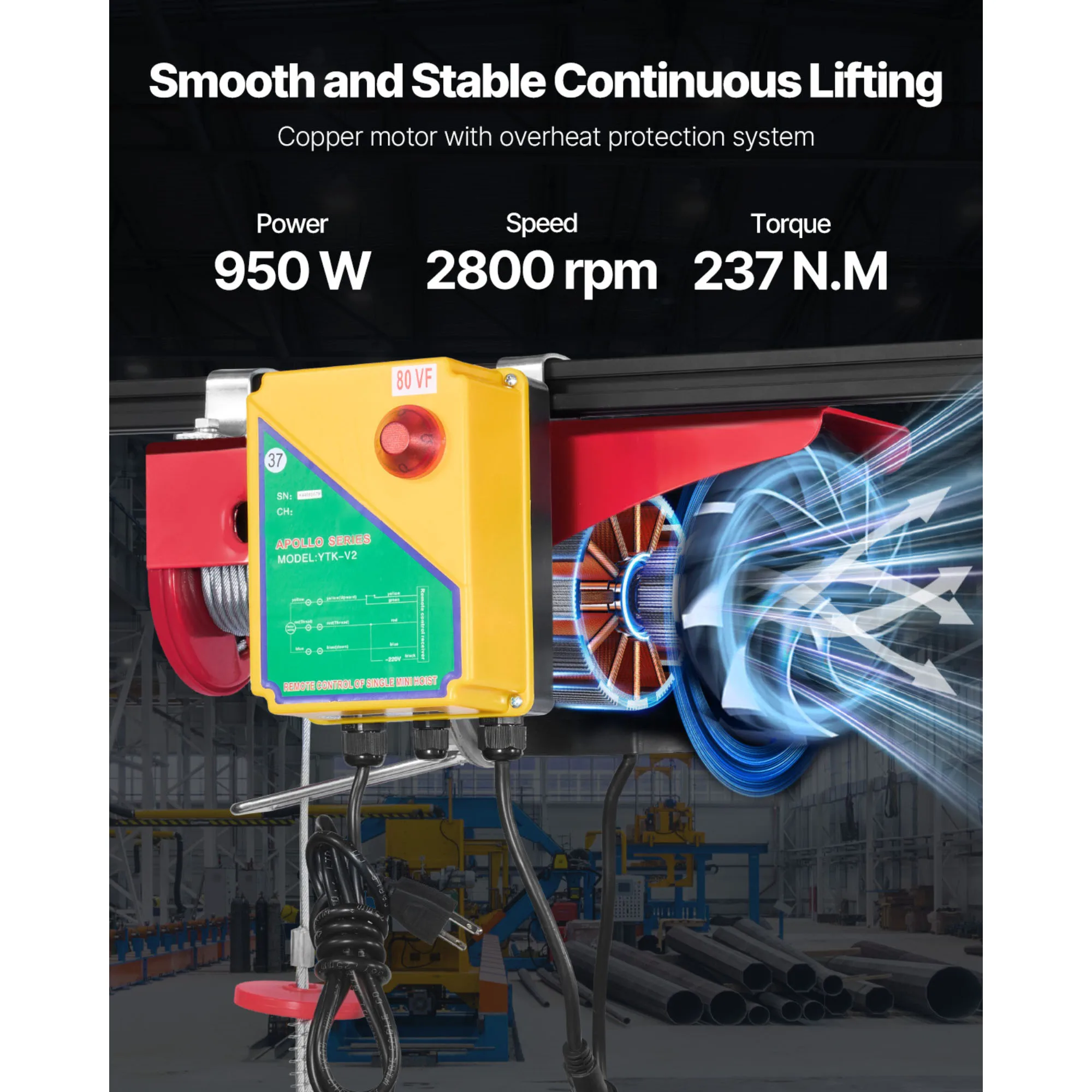 SucceBuy - Polipasto Eléctrico de Cable de 1320/1760/2200 LBS con Control Remoto Inalámbrico y Parada de Emergencia para Elevación en Garajes y Almacenes - Image 4