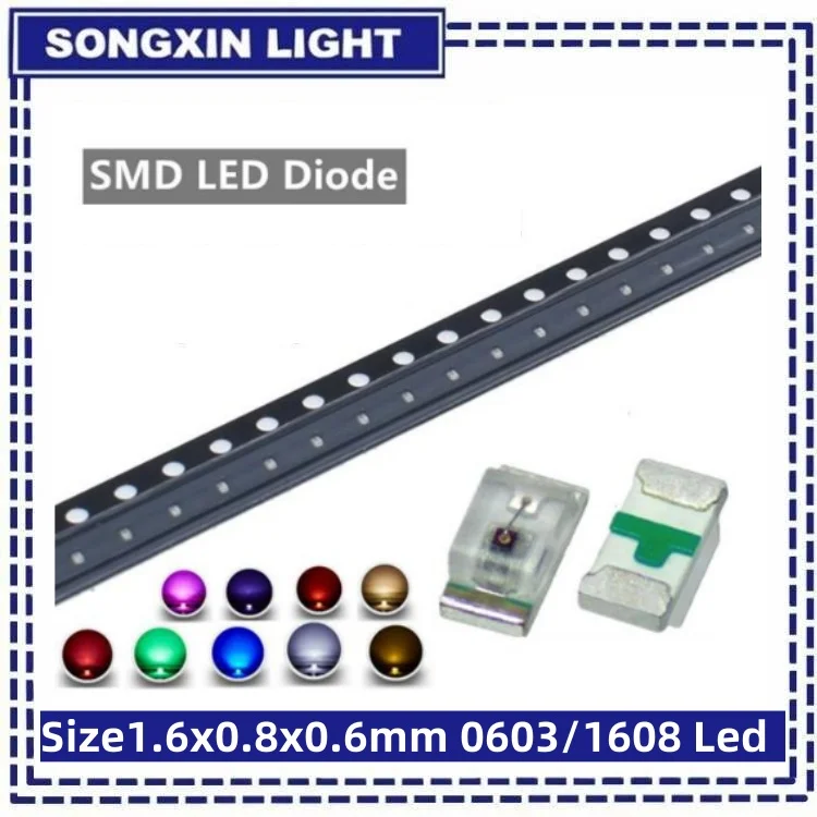 100 peças smd led 0603 diodo emissor de luz ultra-brilhante 1608 smd led vermelho branco amarelo verde azul rosa roxo 20ma para iluminação diy