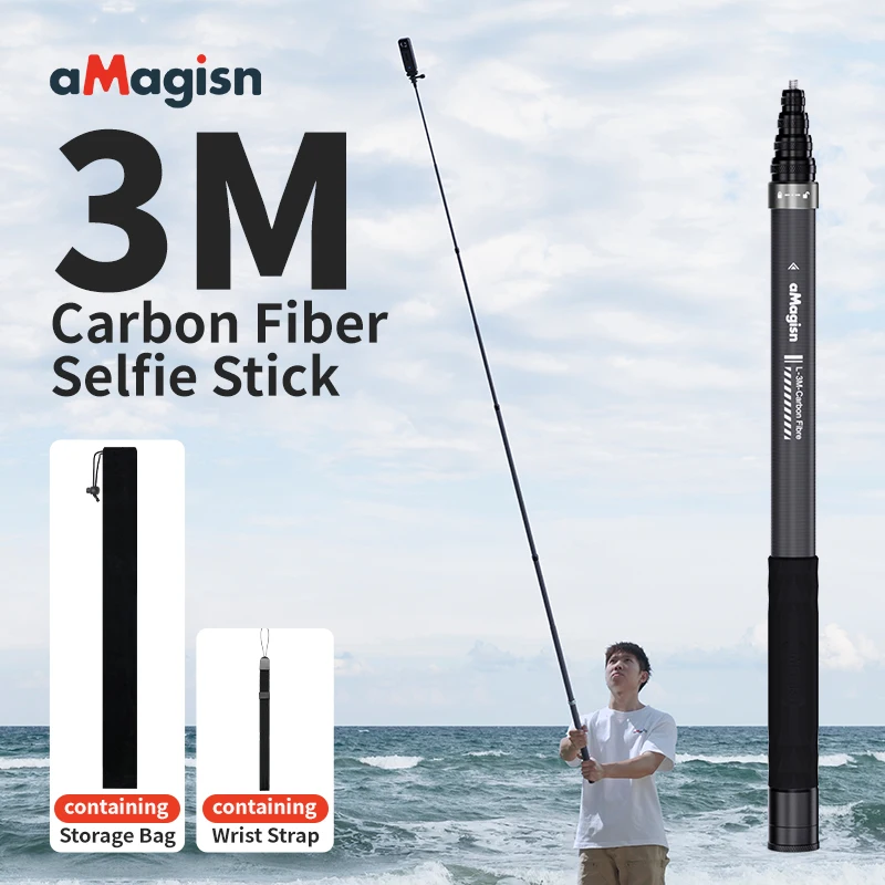 aMagisn Palo selfie invisible de 3 m, monopi extendido de fibra de carbono de 118" para accesorios Gopro Max DJI 360 Insta360 X3 X4 Air X5