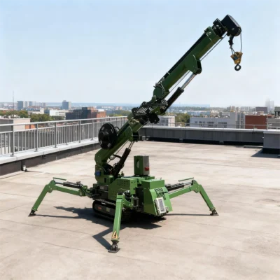 Mini grúa de araña eléctrica, grúa de oruga pequeña de 1,5 T con plantilla plegable y cesta de hombre, precio directo de fábrica