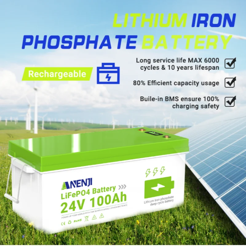 Bateria ANENJI 24V/12V 100AH LiFePO4 de Ciclo Profundo com BMS, Bateria de Fosfato de Ferro-Lítio para Energia Solar, Pacote de Baterias de Lítio - Image 5