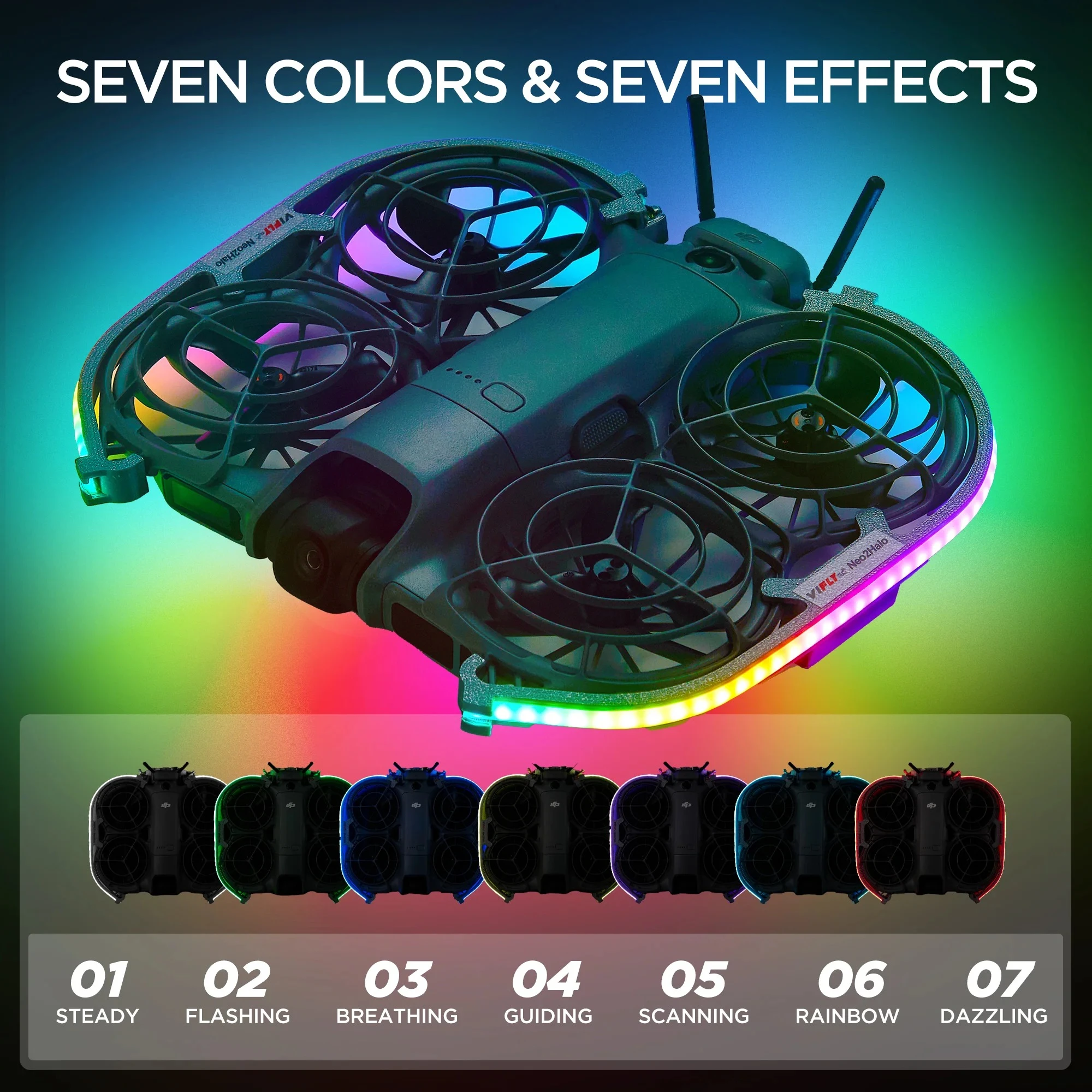 Fita de Luz LED VIFLY Neo2halo para Drone DJI Neo 2 - 80 LEDs, Recarregável via USB-C