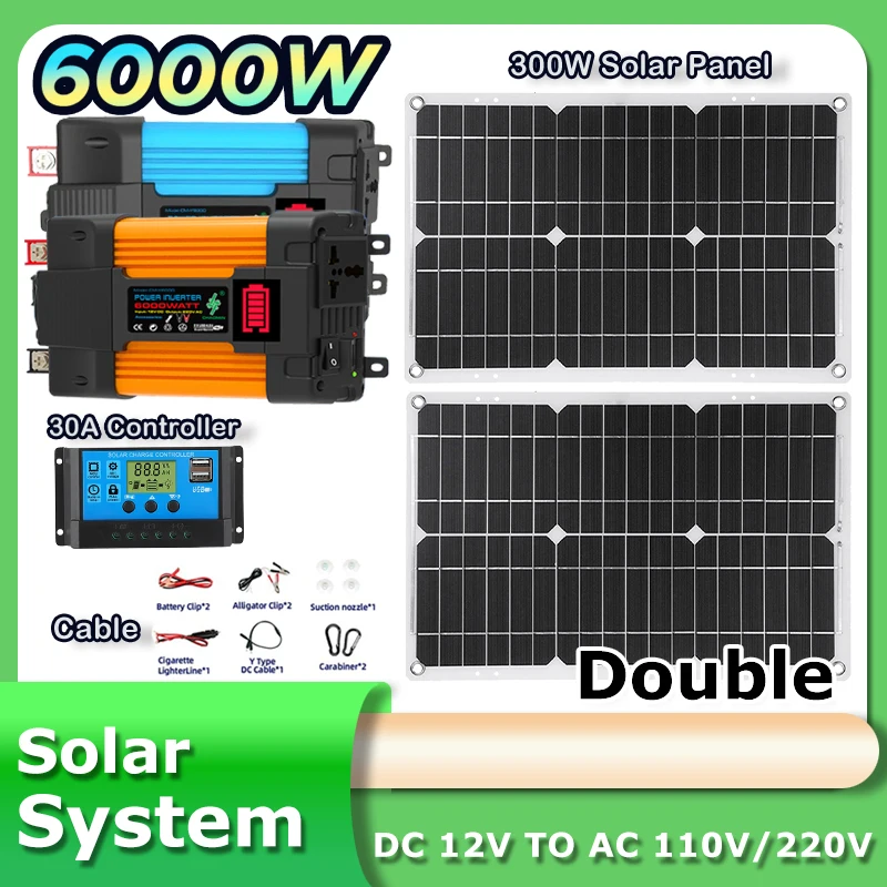 6000W Interver Outdoor Power 12v Solar Power Generator Panel with 30A Solar Kit Charge Controller Solar System Set Camping Car