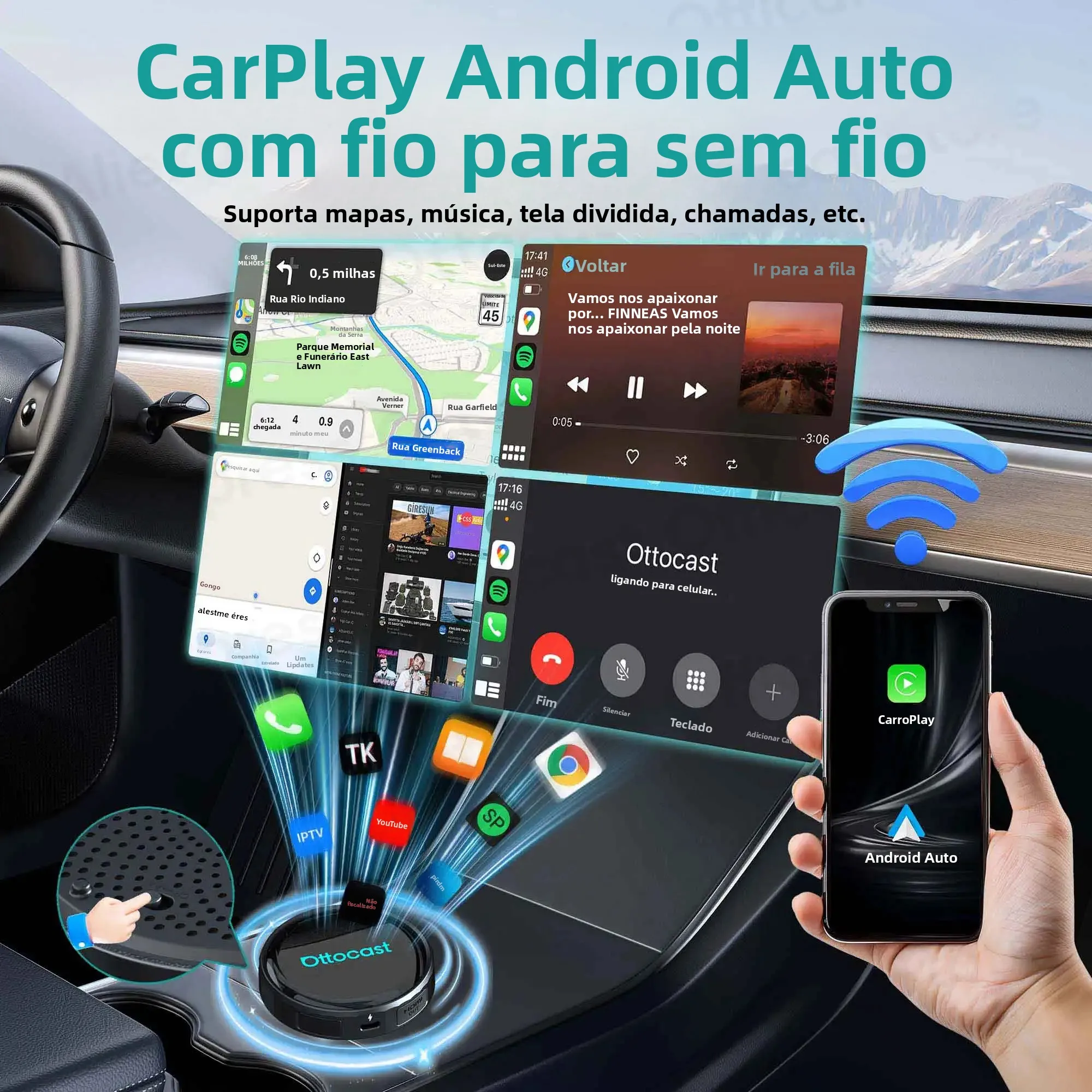 OTTOCAST P3 PRO AI Box Android TV Box para Saída HDMI, CarPlay Sem Fio, Acessórios para Carros Android Auto para Toyota, VW, Honda, Kia, Benz - Image 3