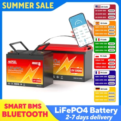 MOSEWORTH LiFePO4 12V 100Ah Battery Pack 12.8V Lithium Battery 8000+ Cycles With Bluetooth BMS Grade A For Boat RV Campers