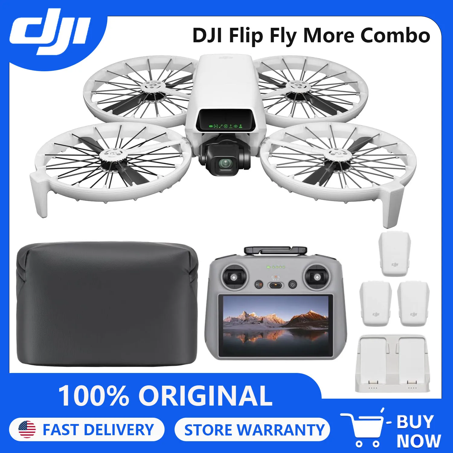 Dron DJI Flip Fly More Combo con Control Remoto RC 2 con Pantalla, Dron con Cámara 4K UHD para Adultos, Despegue desde la Palma de la Mano, Retorno Automático, Vuelo Inteligente, 3 Baterías para 93 Minutos de Tiempo de Vuelo