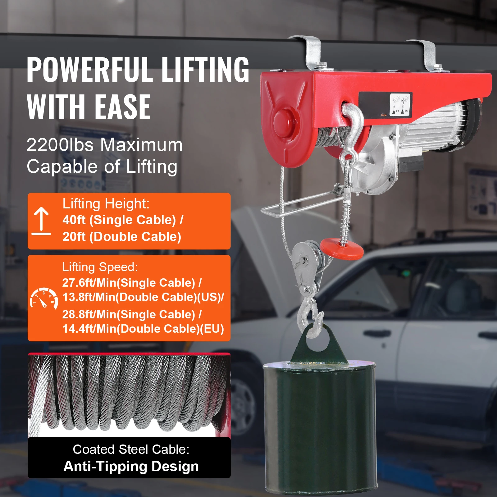 SucceBuy Polipasto eléctrico de 2200 libras, grúa elevadora de eslingas individuales/dobles con cabrestante eléctrico de Control inalámbrico/con cable para garaje - Image 2