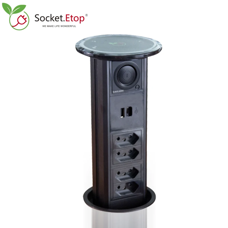 Plugue brasileiro de elevação pneumática para cozinha, tomada pop up com 4 tomadas de energia, alto-falante, usb (a + c), carregador sem fio pd