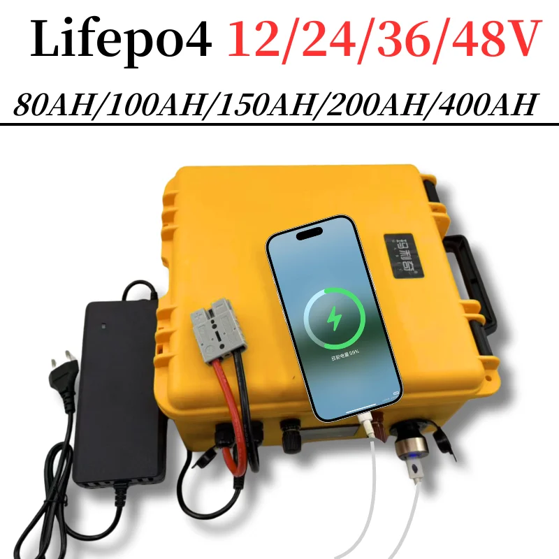 Waterproof 12V 24V 36V 48V 80Ah 100Ah 150Ah 200Ah 400Ah Lifepo4 Battery BMS Inside for Trolling Motor Boat RV +Charger