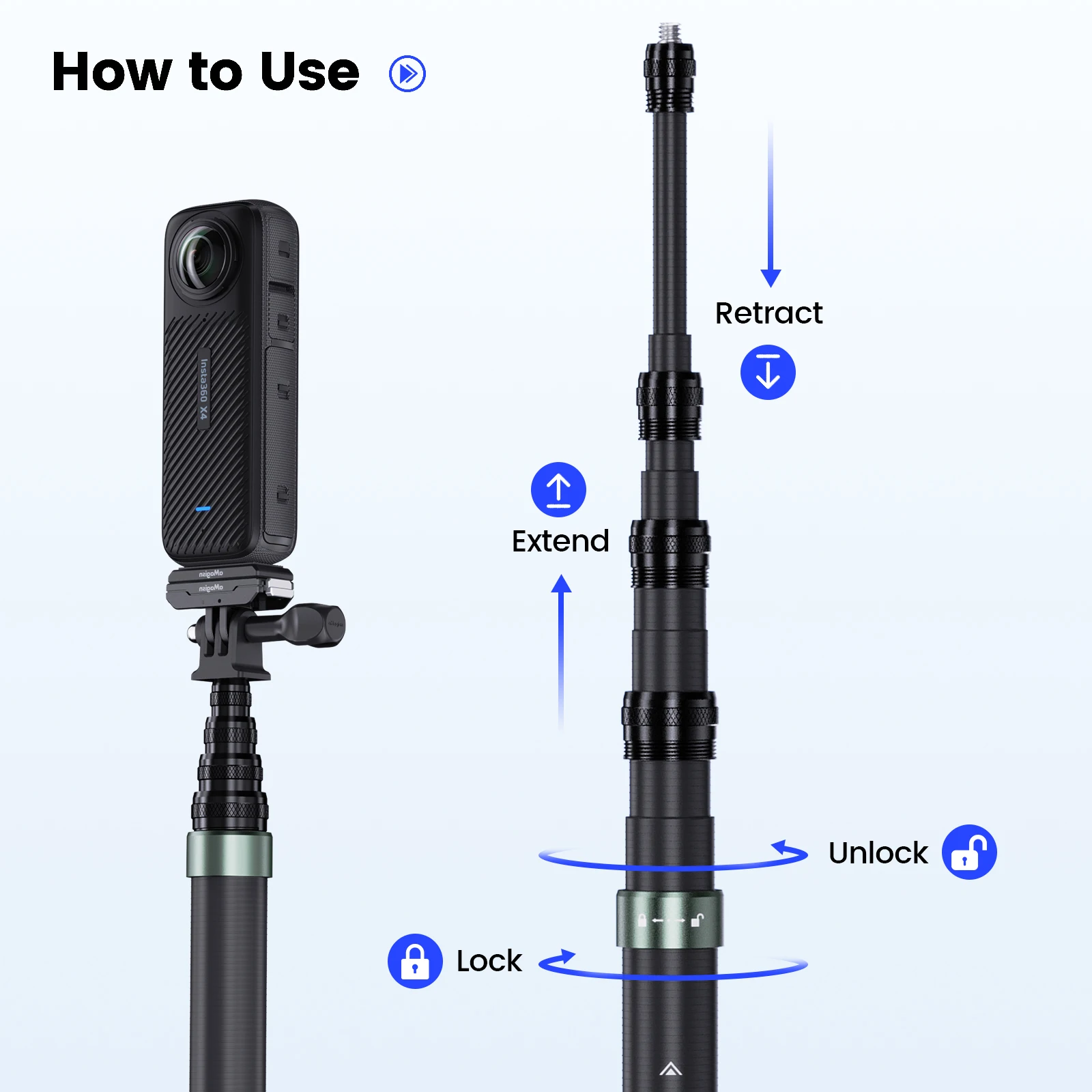 aMagisn Palo selfie invisible de 3 m, monopi extendido de fibra de carbono de 118" para accesorios Gopro Max DJI 360 Insta360 X3 X4 Air X5 - Image 3