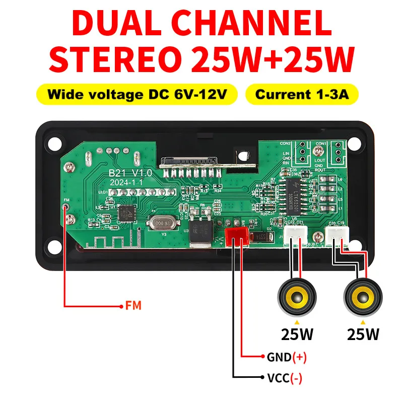 50w amplificador bluetooth 5.0 diy mp3 wav placa decodificadora dc 12v carro sem fio usb mp3 player slot para cartão tf usb fm com microfone - Image 4