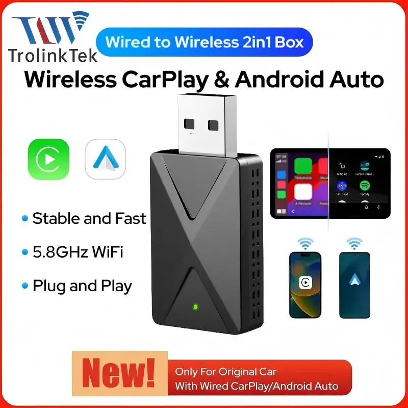 TrolinkTek NEW 2in1 Wireless CarPlay AI Mini Android Auto Box Plug&Play Automatic Connection Compatible with 98% of Cars 5.8ghz