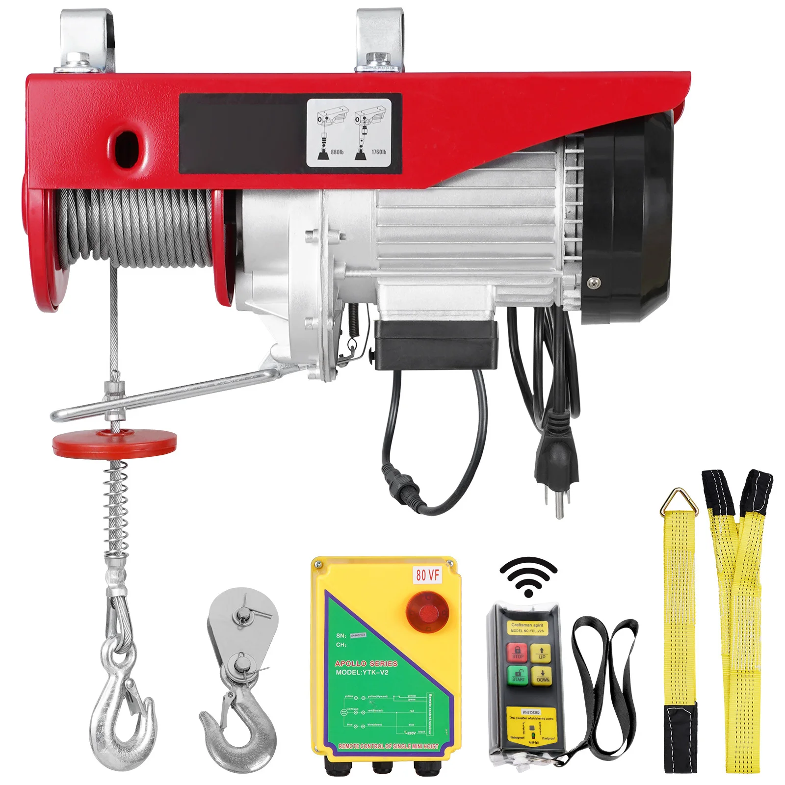 SucceBuy - Polipasto Eléctrico de Cable de 1320/1760/2200 LBS con Control Remoto Inalámbrico y Parada de Emergencia para Elevación en Garajes y Almacenes