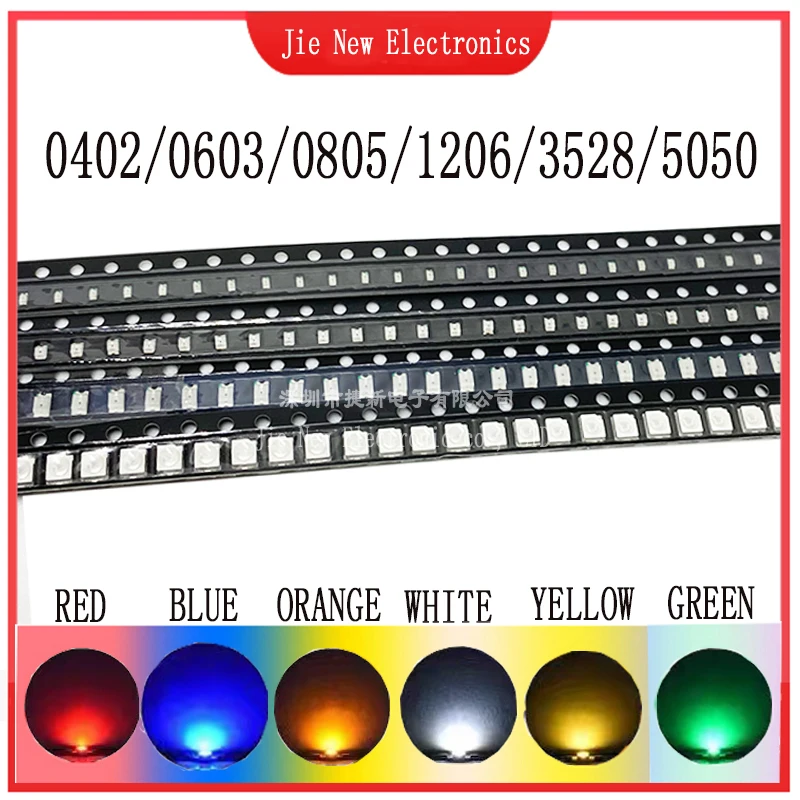 100 peças 0402 0603 0805 1206 3528 5050 smd led vermelho amarelo verde branco azul laranja diodo emissor de luz