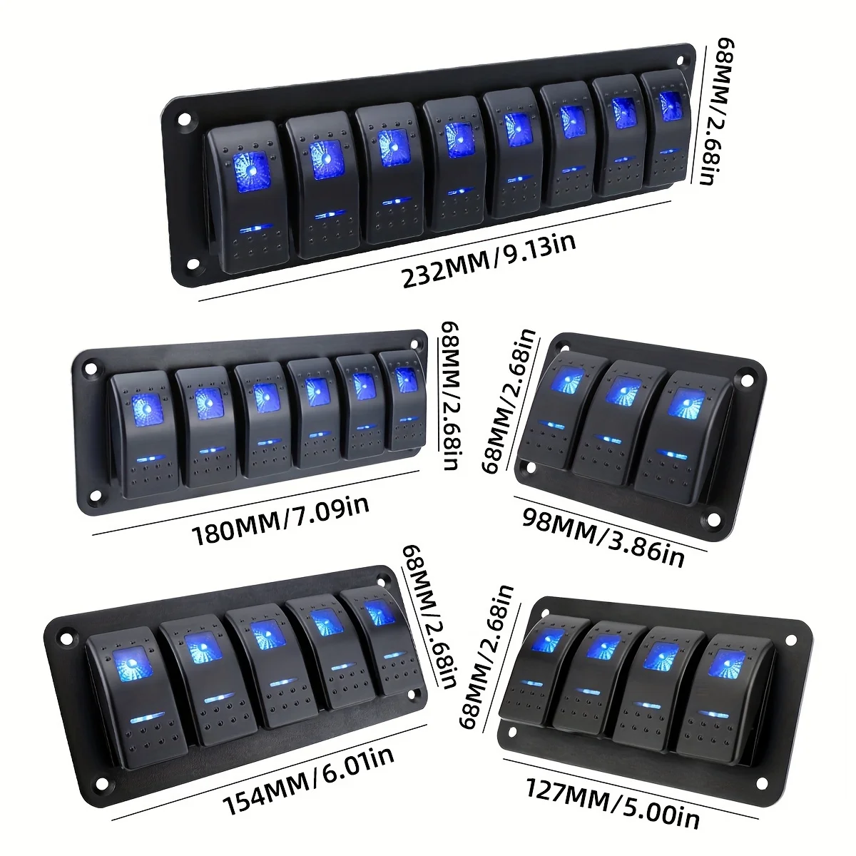 Painel de interruptor rocker de 3 grupos, 4 grupos, 5 grupos, 6 grupos, 8 grupos, 5 pinos, adequado para carros 12V/24V, navios, reboques ATV, azul - Image 2