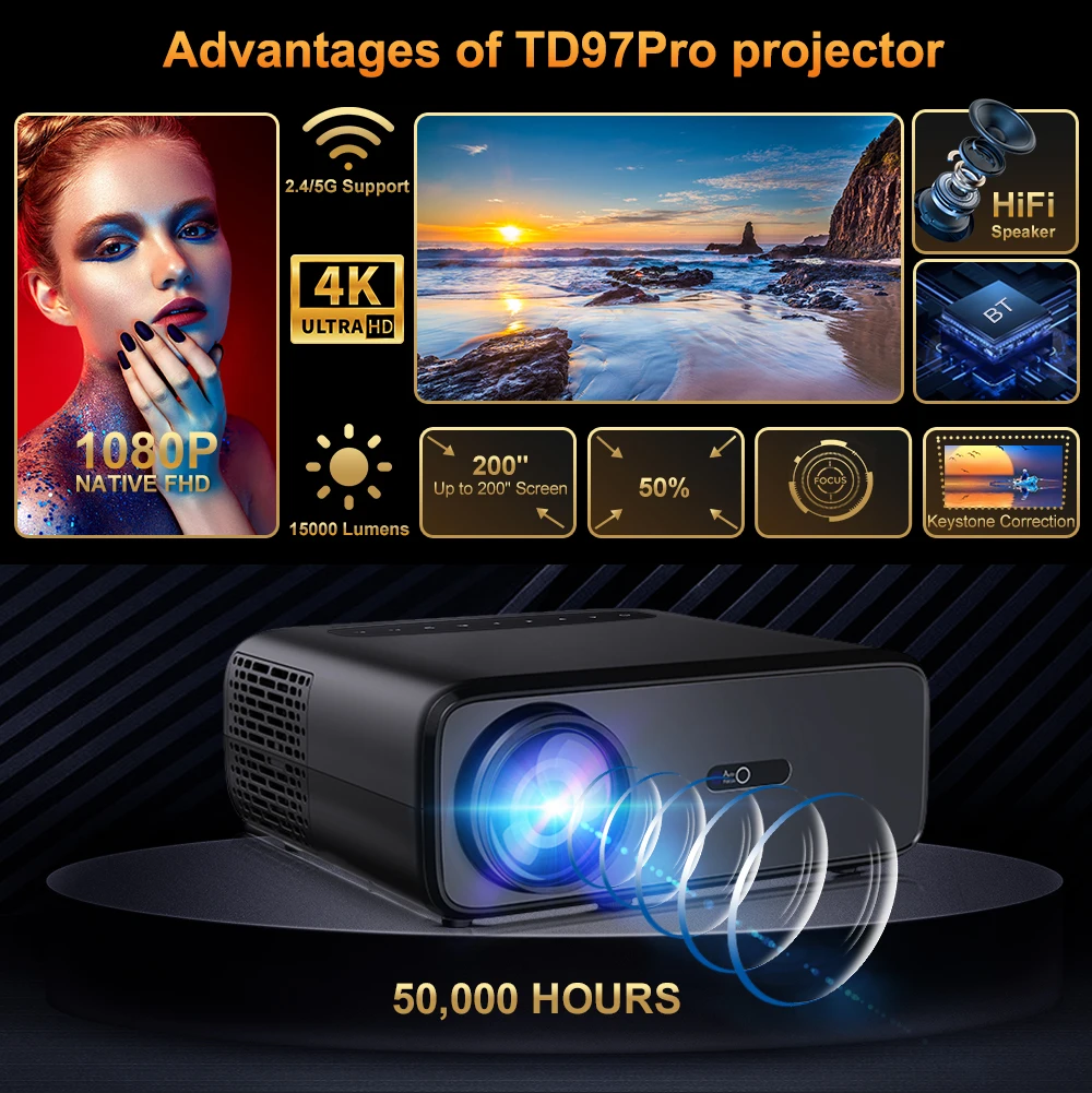 Thundeal projetor completo automático hd 1080p wifi 6 android td97 pro td97pro projetor de vídeo filme em casa ios telefone inteligente 3d tv projetor - Image 4