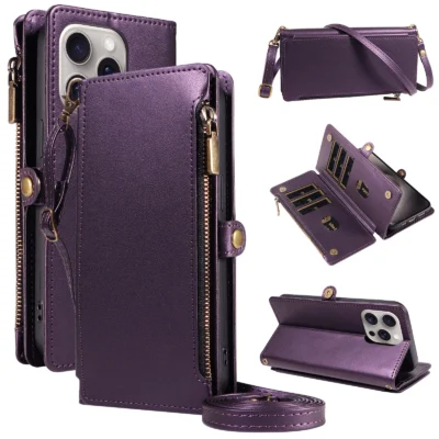 Capa Protetora Flip para Redmi Note 8/9/10/11/12/13/14/15Pro com Múltiplos Slots para Cartões, Alça Transversal, Capa Carteira para Celular, Bolso com Zíper para Moedas, Suporte, Capa Protetora de Couro Sintético