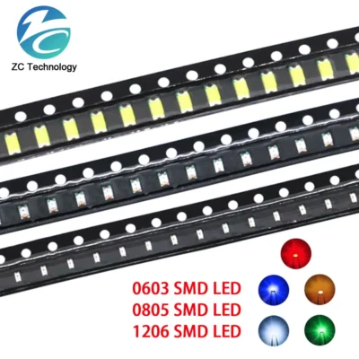 Led diodo emissor de luz, 5 cores, 0603, 0805, 1206, smd, vermelho, amarelo, verde, branco, azul, claro, 100 pcs/lot