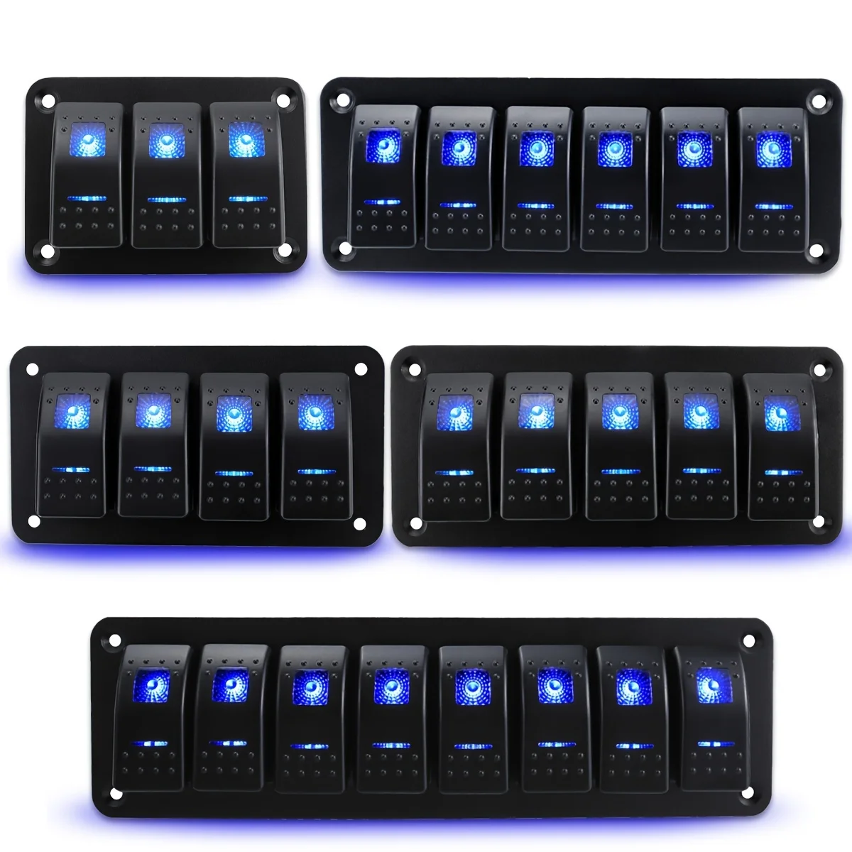 Painel de interruptor rocker de 3 grupos, 4 grupos, 5 grupos, 6 grupos, 8 grupos, 5 pinos, adequado para carros 12V/24V, navios, reboques ATV, azul