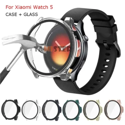 Capa de PC + Vidro Temperado para Xiaomi Watch 5, Protetor de Tela de Cobertura Total para Xiaomi Watch 5, Acessório de Proteção