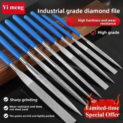 Cemented carbide file set with alloy steel files - durable flat triangular and semi-circular small files for polishing.
