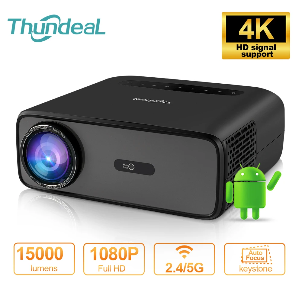 Thundeal projetor completo automático hd 1080p wifi 6 android td97 pro td97pro projetor de vídeo filme em casa ios telefone inteligente 3d tv projetor